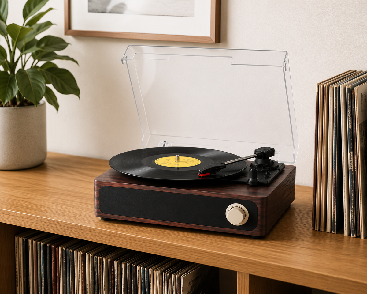 Platine vinyle compacte façade noire et molette dorée