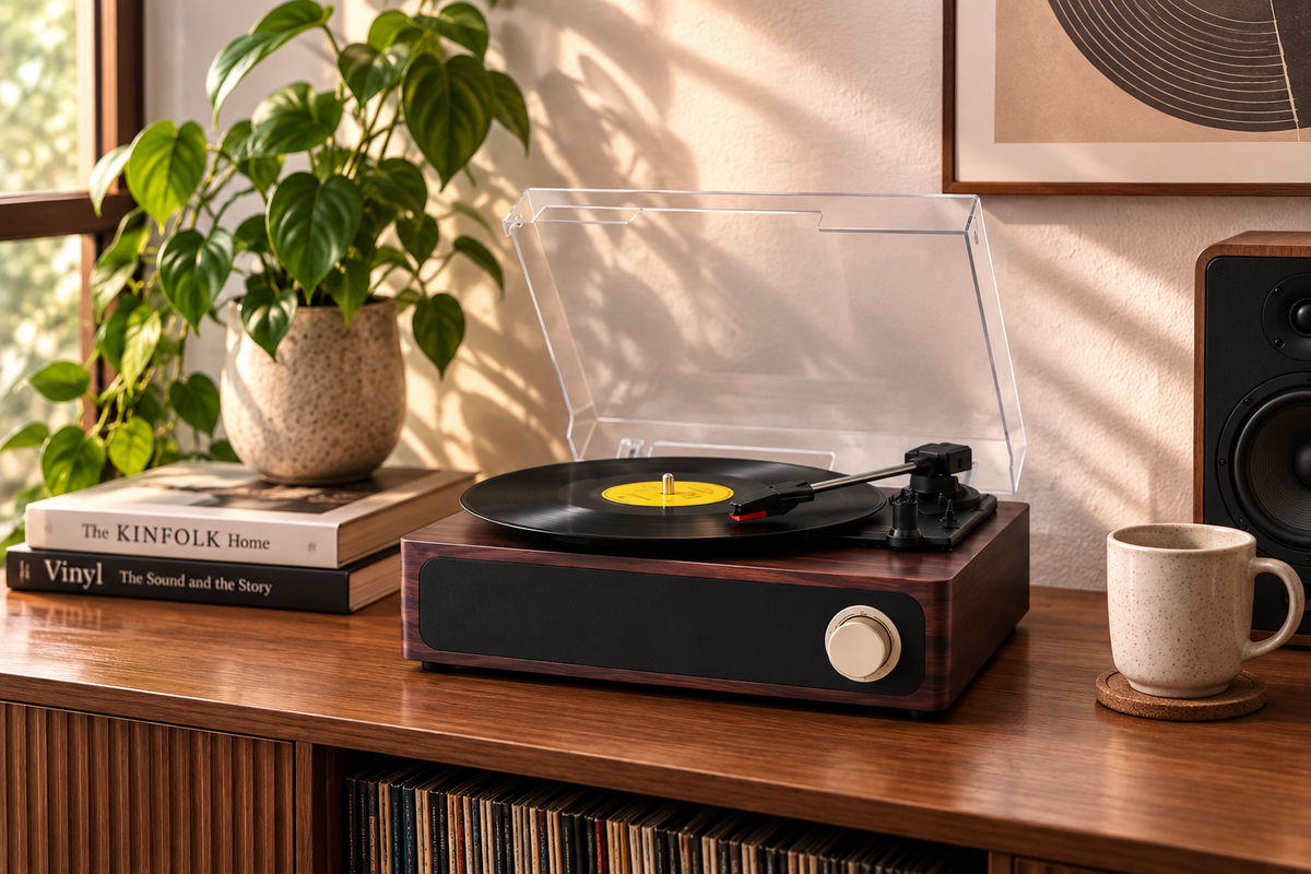 Platine vinyle compacte façade noire et molette dorée