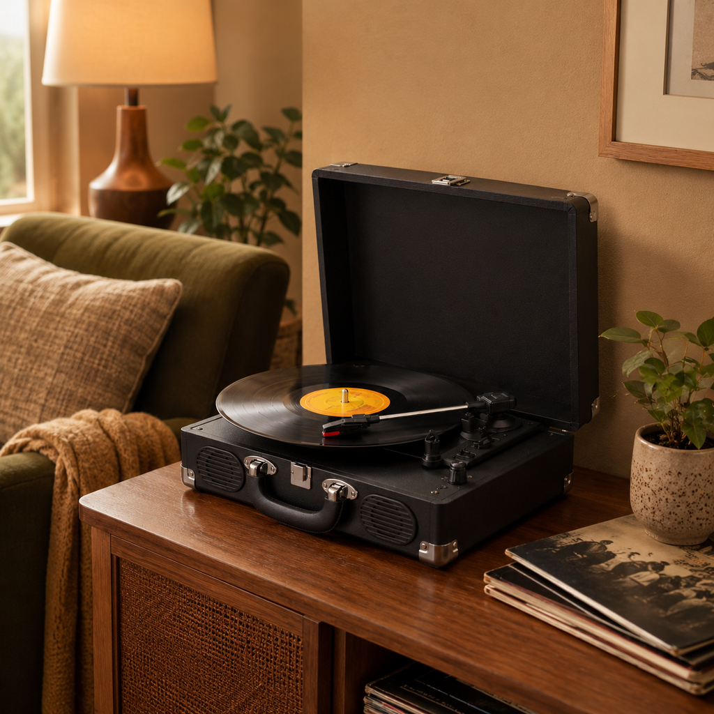 Platine vinyle mallette portable en simili cuir noir