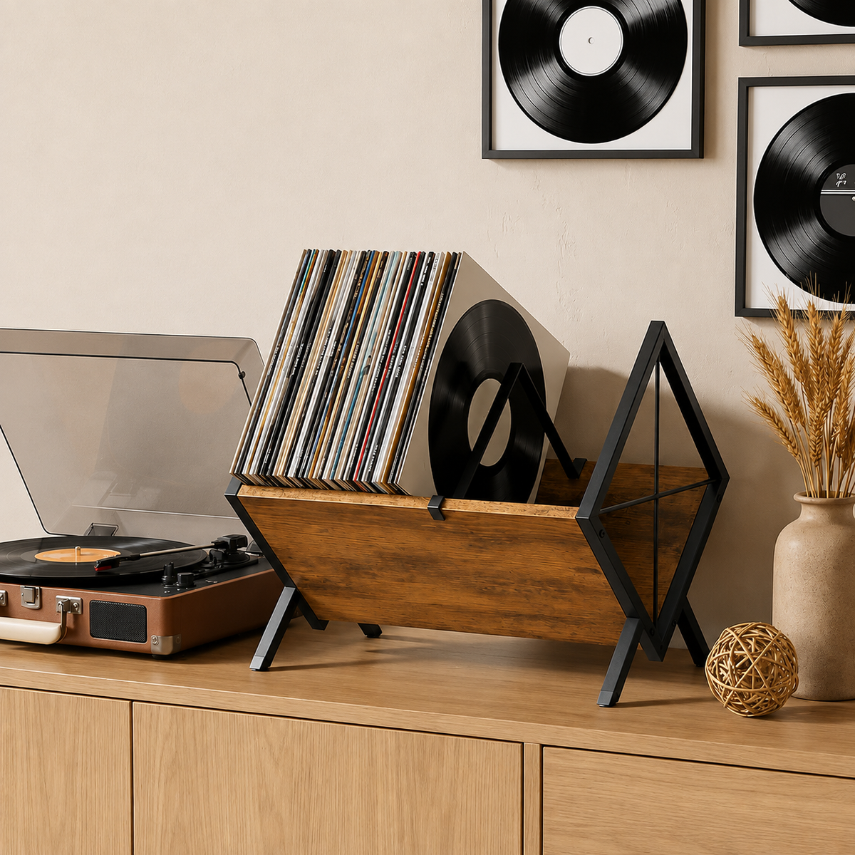 Rangement vinyle rétro métal et bois