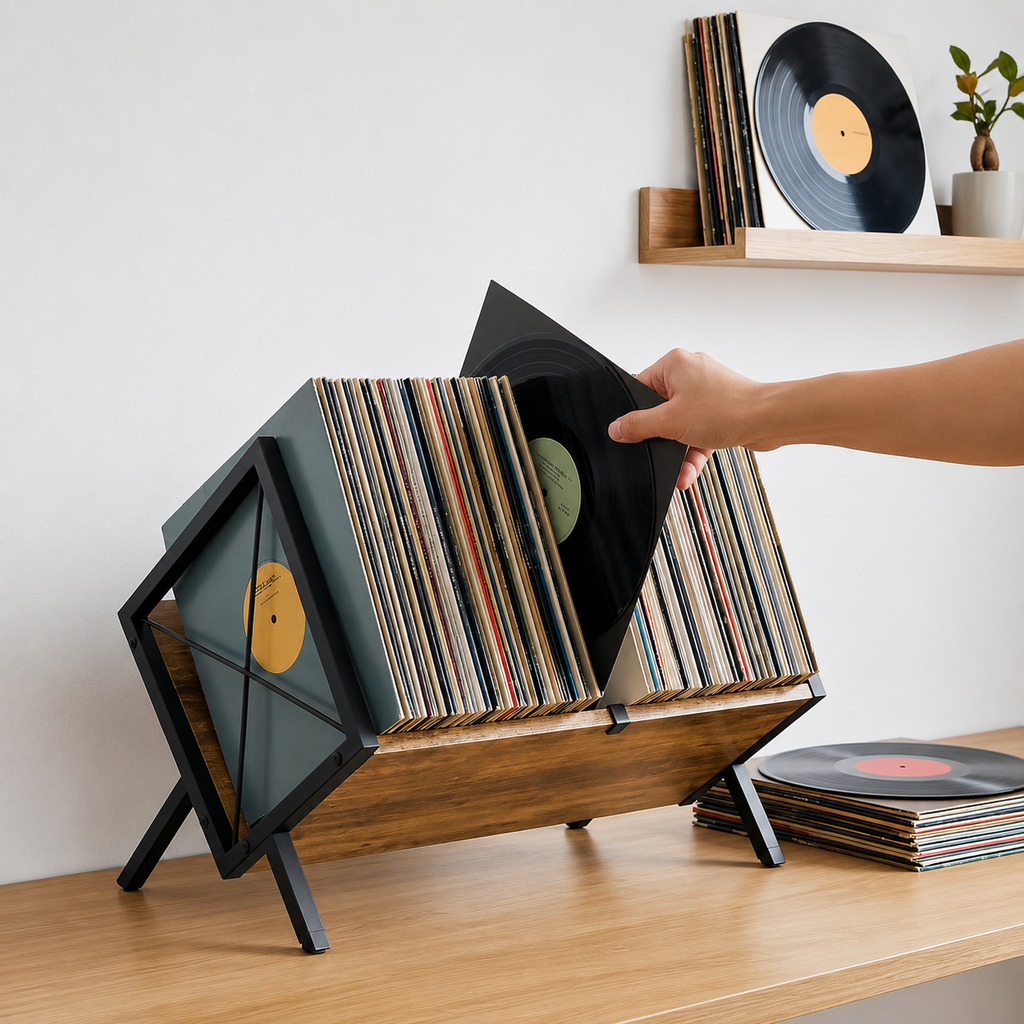 Rangement vinyle rétro métal et bois