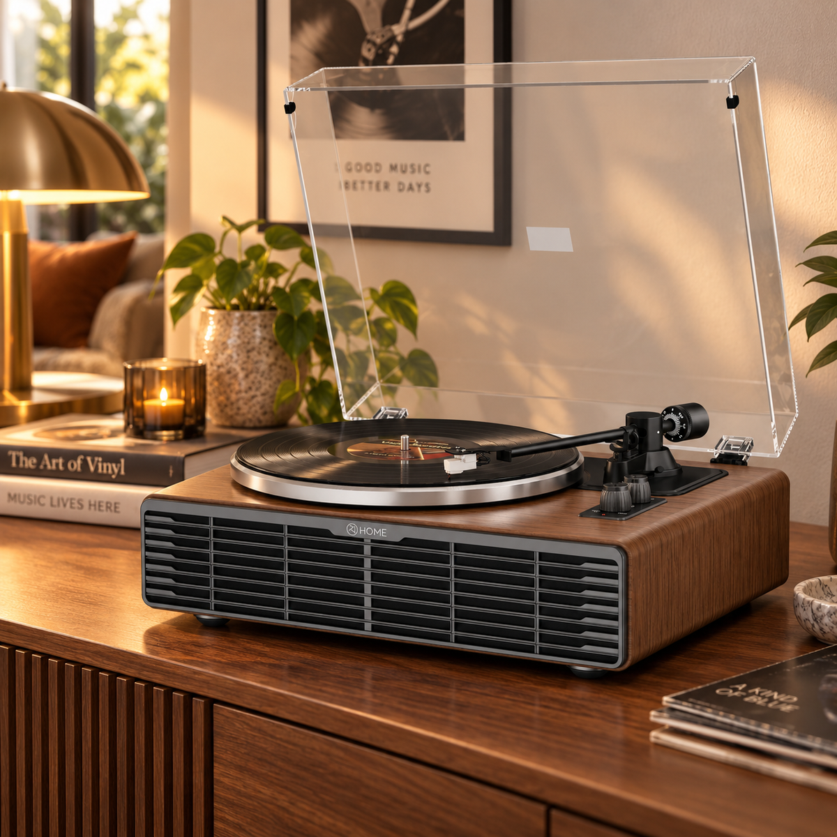 Platine vinyle noyer 4 haut-parleurs Bluetooth émetteur-récepteur