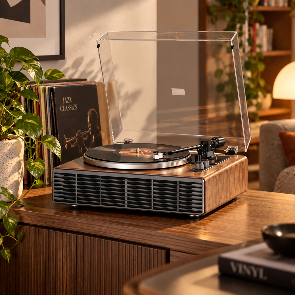 Platine vinyle noyer 4 haut-parleurs Bluetooth émetteur-récepteur