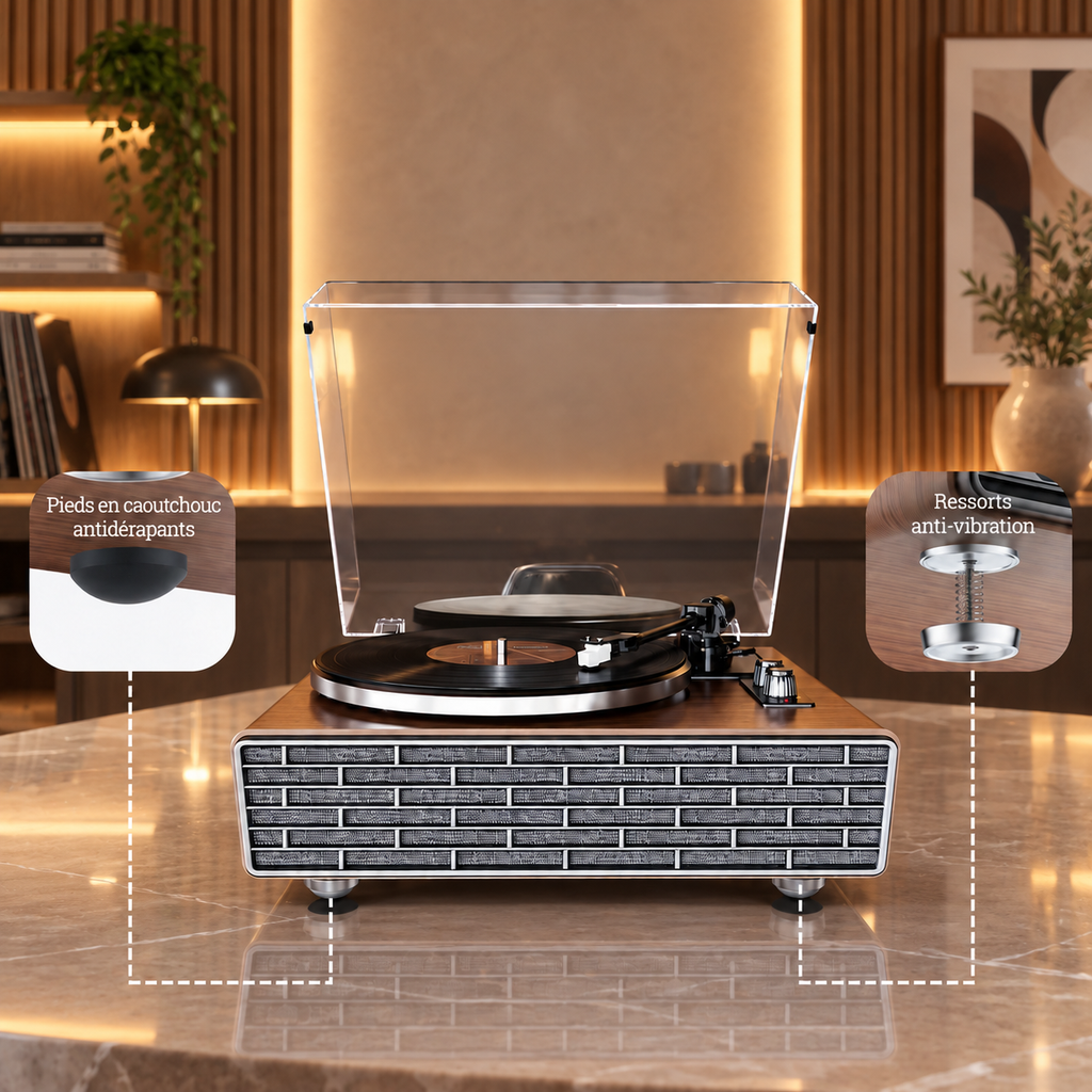 Platine vinyle bois clair 4 haut-parleurs anti-vibration