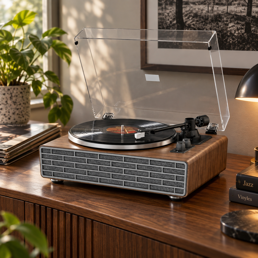 Platine vinyle bois clair 4 haut-parleurs anti-vibration
