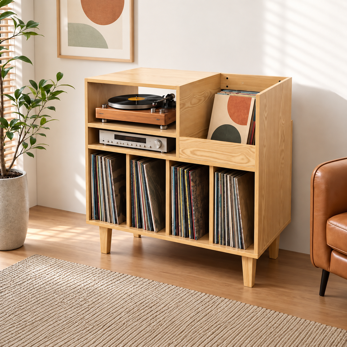 Meuble vinyle bois avec espace platine 6 niveaux