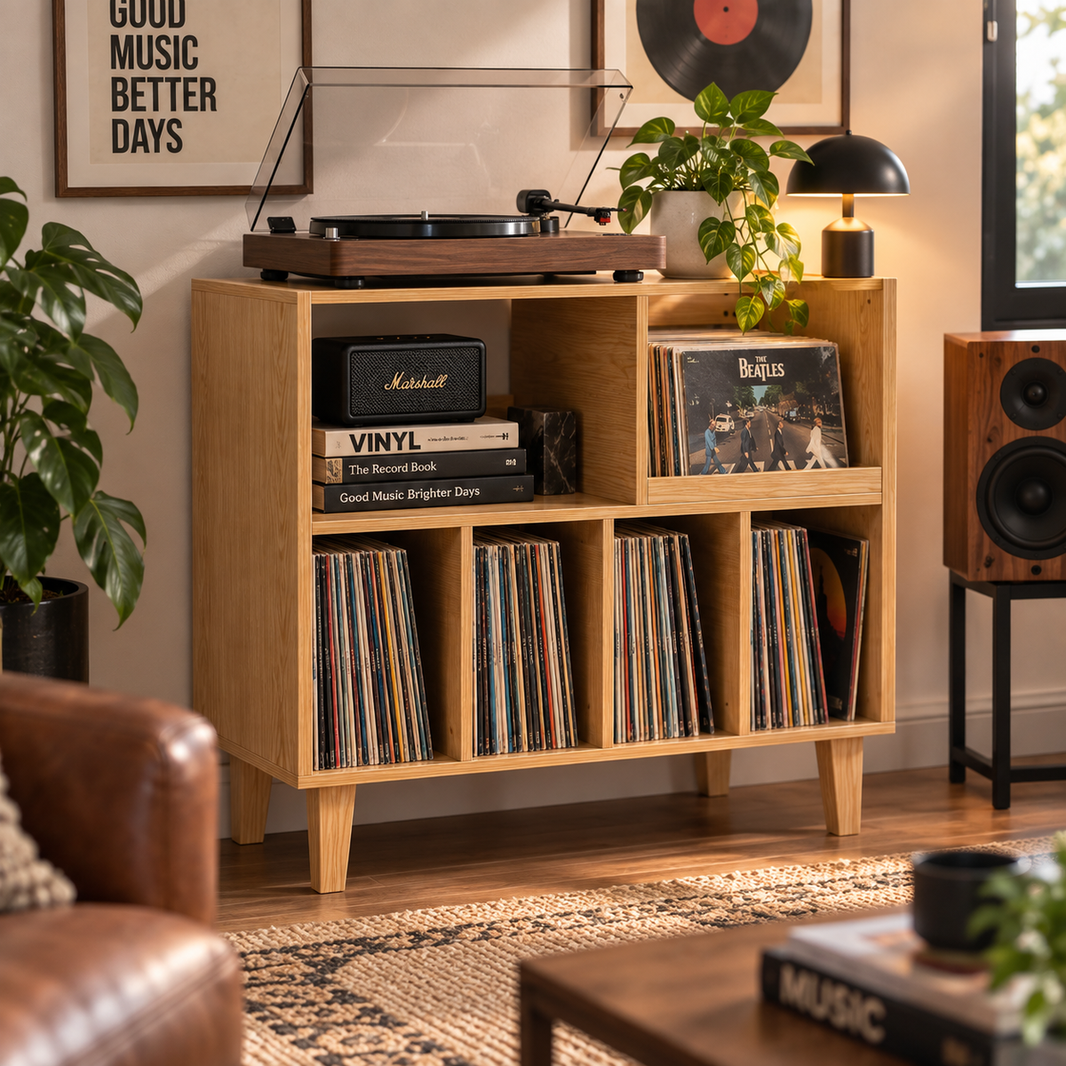 Meuble vinyle bois avec espace platine 6 niveaux