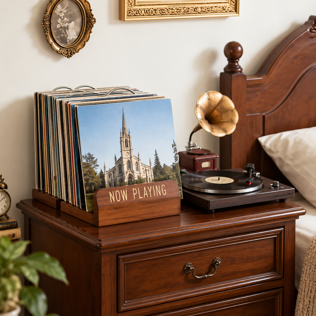 Rangement vinyle extensible en bois et acier
