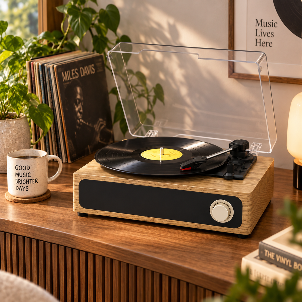 Platine vinyle compacte façade noire et molette dorée
