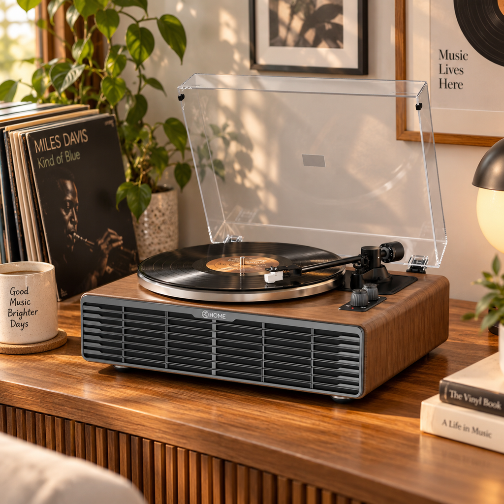 Platine vinyle noyer 4 haut-parleurs Bluetooth émetteur-récepteur