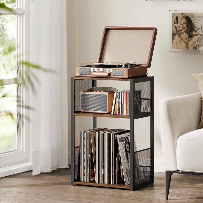 Meuble rangement vinyle rétro métal et bois